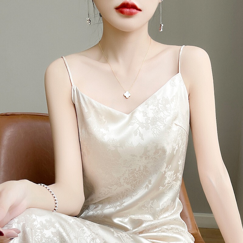 Silk Satin 2025 Spring and Summer New Women's Fashion V Neck Jacquard Sleeveless Suspender Dress