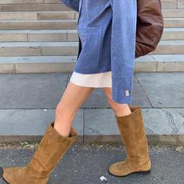 现货羊皮~韩版大筒围绒面高筒西部靴女平底显瘦不过膝长靴骑士靴