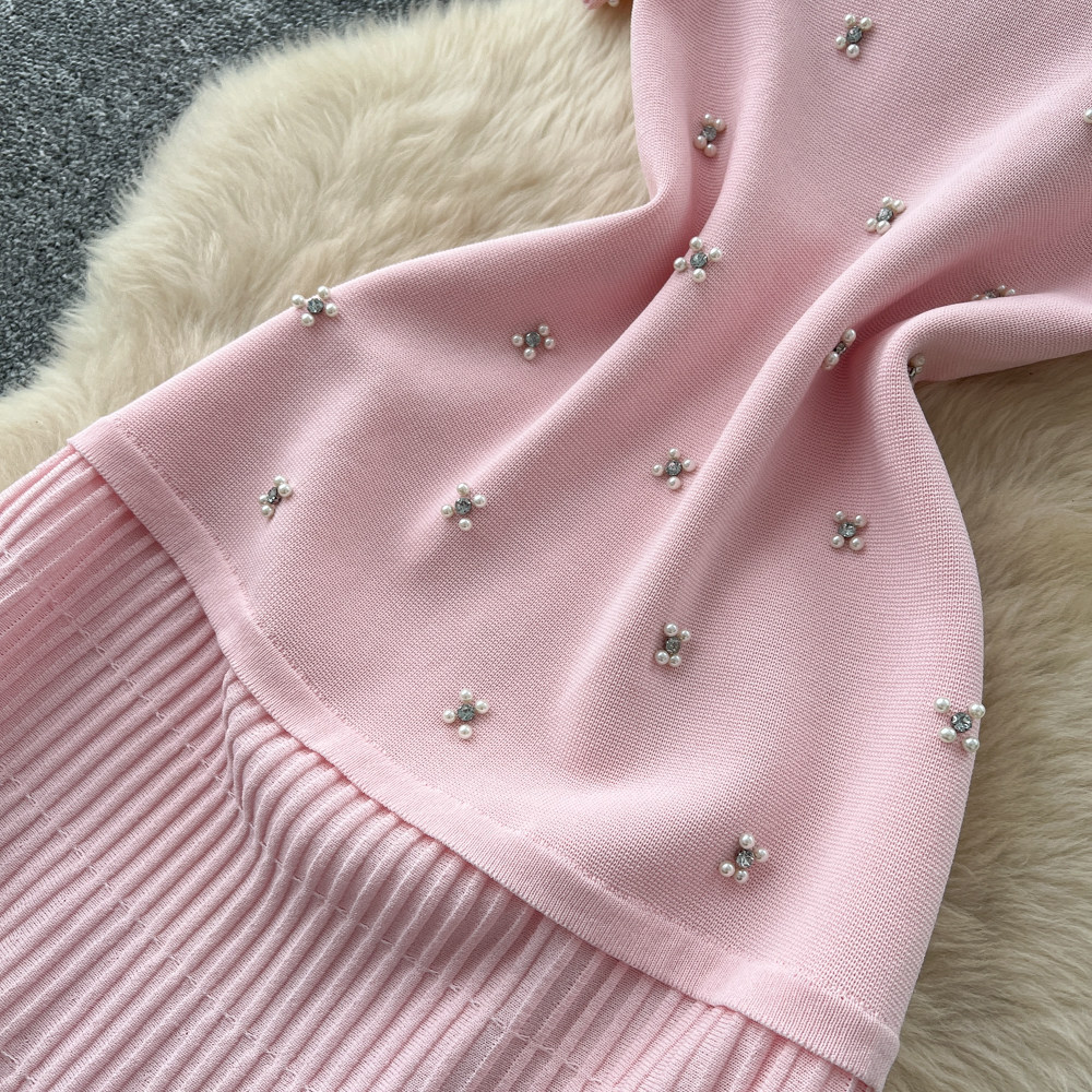 Women's French Style Beaded Short Sleeved Dress Summer Gentle Feminine High Waisted A-Line Skirt Slimming Flattering for Commuting_ecoleips.com