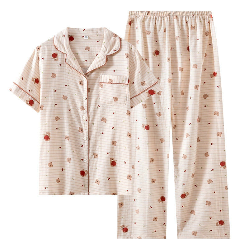 Cotton gauze pijama, summer trousers, set, with short sleeve
