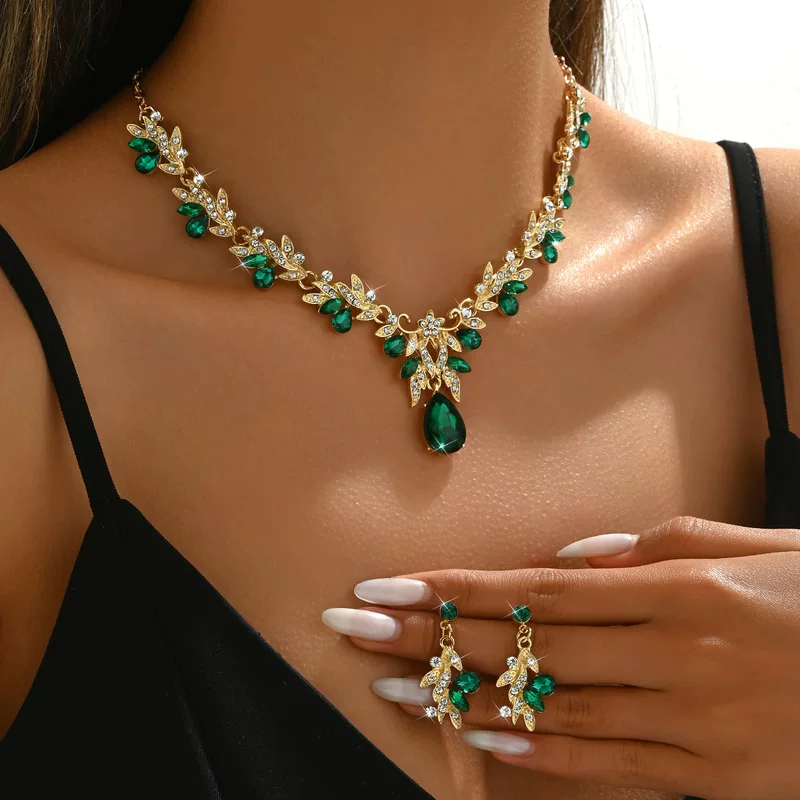 G394 набор из золота и emerald зелёного ожерелья и серег для свадьбы, 2 предмета, импортировано