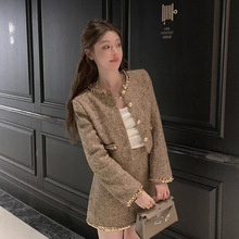 高级感小香风金色编织亮片仿羊毛呢短外套女圆领钉珠洋气短裙套装