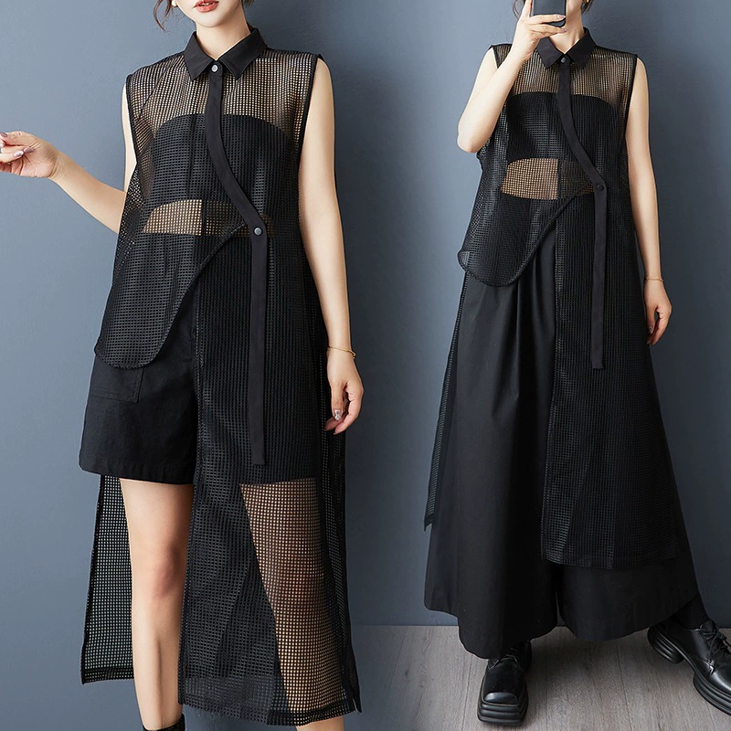Настоящая фотография летнего нишевого дизайна в стиле ретро, ​​платье-жилет с полой сеткой, модный универсальный топ нестандартной формы