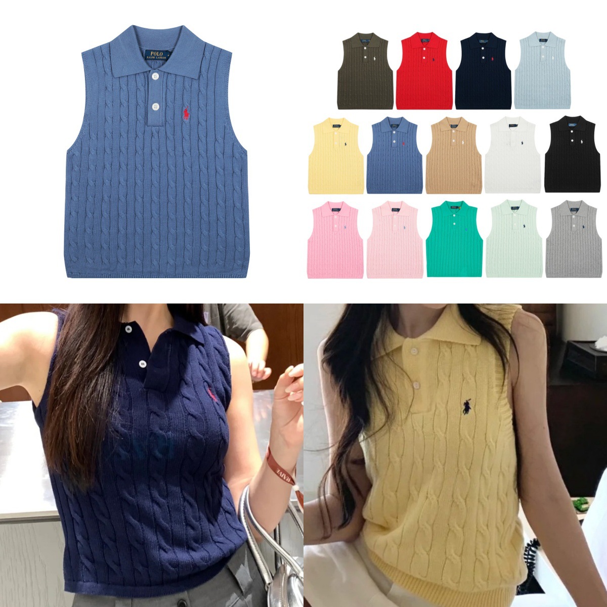 Rl Laffy Pony Embroidered Twist Knit Polo Collar Short Sleeve Vest Spring and Autumn Women's Casual Outerwear Top