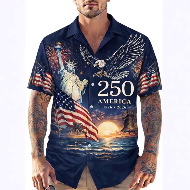 American Anniversary Printed Lapel Short-Sleeved Hawaiian Shirt for Men, Exclusively for Cross-Border Sales to Europe and America, Patriotic Casual Top