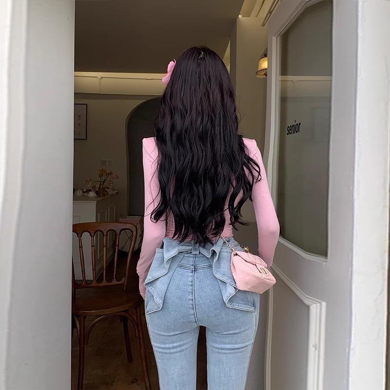 亦菲同款立体后腰3D蝴蝶牛仔裤女2025夏款浅蓝色高腰显瘦喇叭裤|undefined