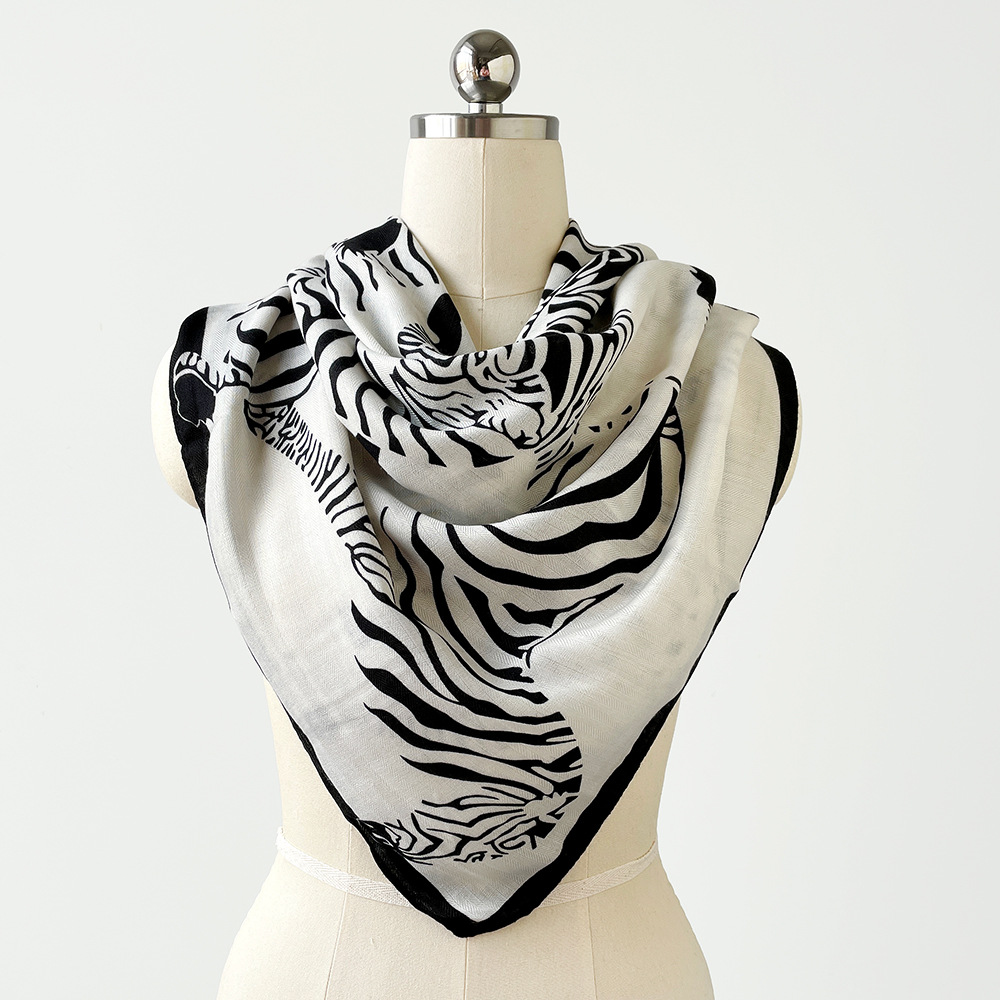 Large 90cm Square Scarf Zebra Print European American Fashion Herringbone Pattern Women's Shawl Retro Headscarf_voghion.com
