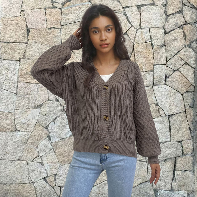 Cross-Border Export V Neck Single-Breasted Knitwear Jacket Knitwear Cardigan Retro Women's Autumn and Winter New Loose Top