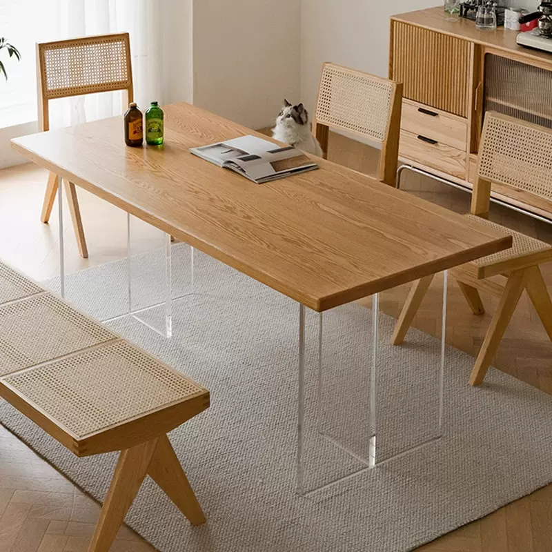 亚克力悬浮实木餐桌家用客厅大板桌北欧原木办公书桌长方形工作台