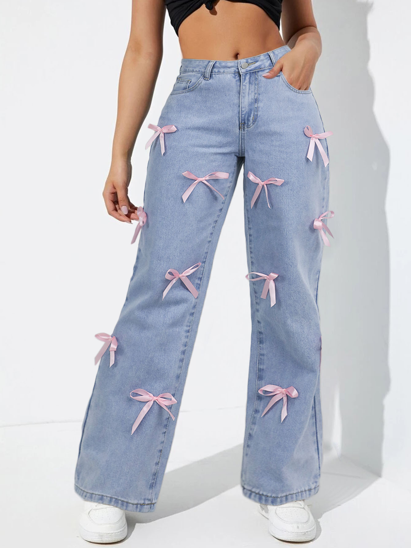 Women's Clothing High Waisted, Bow Tie Patchwork Wide Leg Jeans For Women, Y2K Style, Loose Fit._ecoleips.com