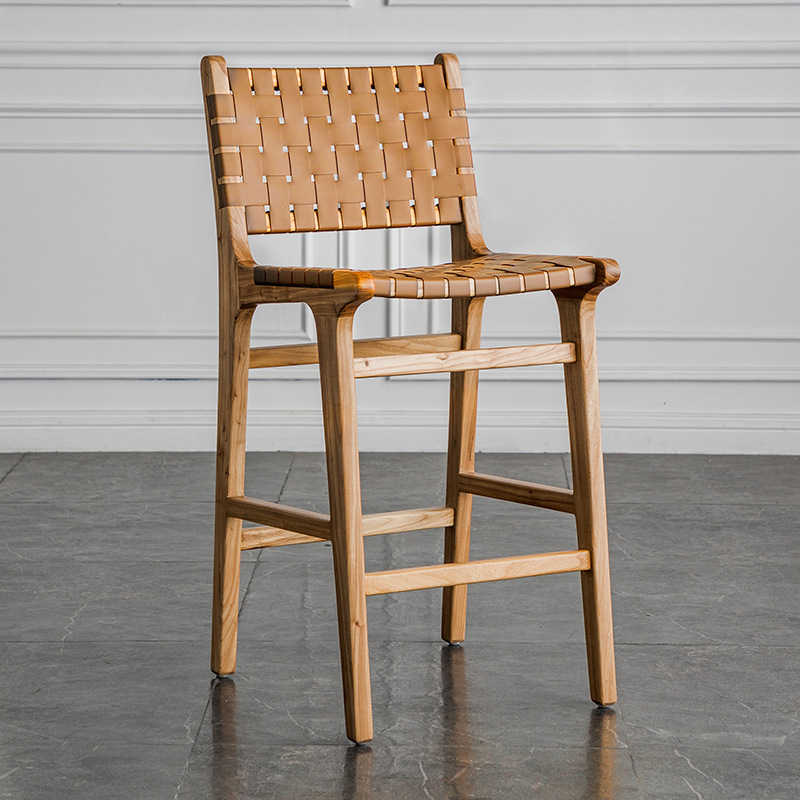 silla de bar de pies altos silla trenzada de cuerda de madera sólida silla de bar de cafeteria de alojamiento en casa silla de respaldo de cuero bar asiento de tarjeta