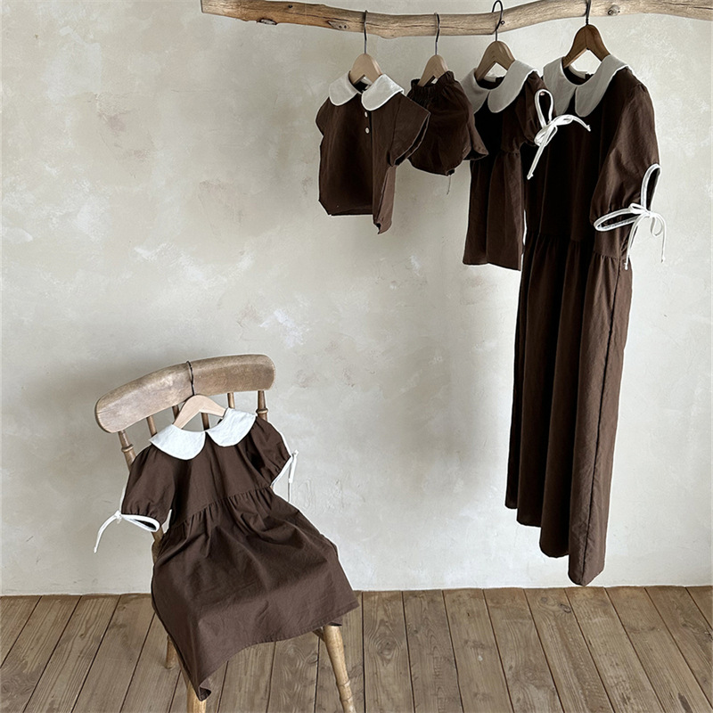 Korean style summer new parent-child dress, chic, artistic, sweet color-blocked lapel puff sleeve mother and daughter dress