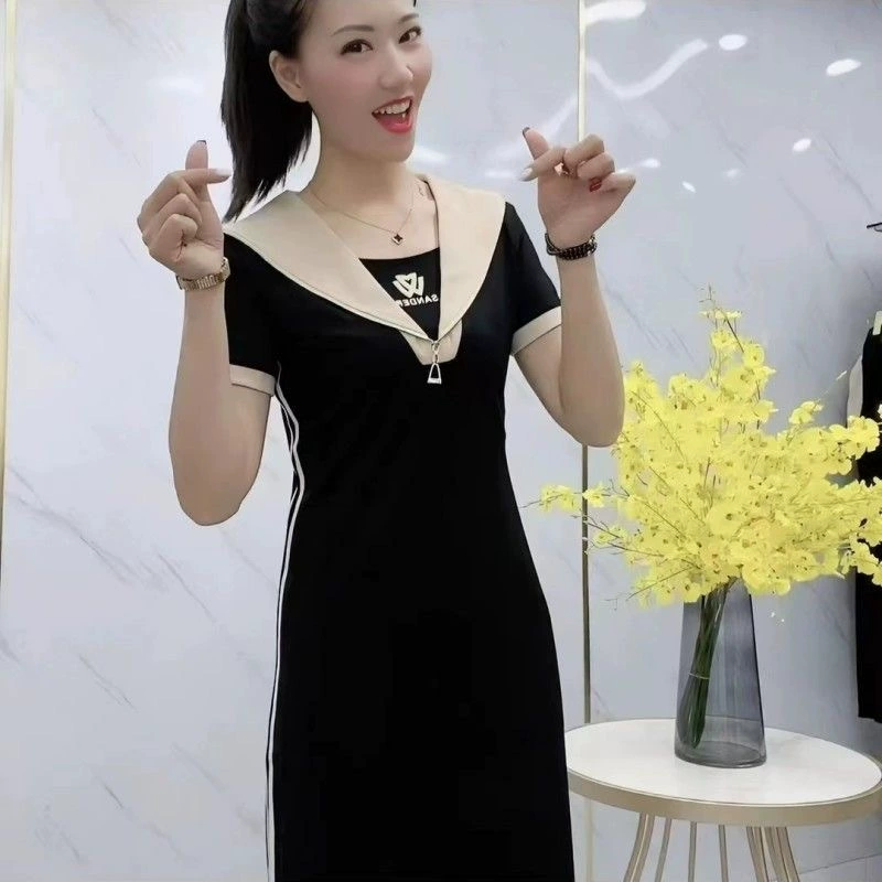 Модное высококачественное летнее новое платье из искусственного двухсекционного темно-синего воротника на молнии, модное утягивающее платье средней длины.