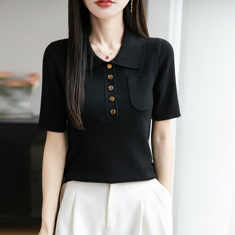 25 夏の新アイスシルクポロカラーセーター半袖 Tシャツ女性の無地プルオーバーボトリングシャツトップ|undefined