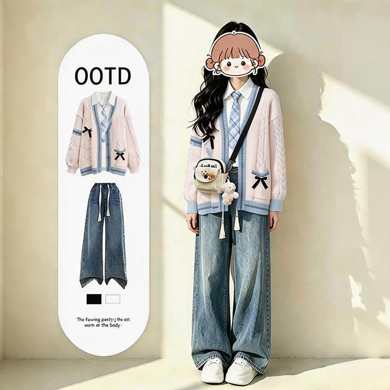 Autumn Women's Set 2026 New Style Fresh and Preppy Three-Piece Set: Cardigan, Sweater, Shirt, and Jeans