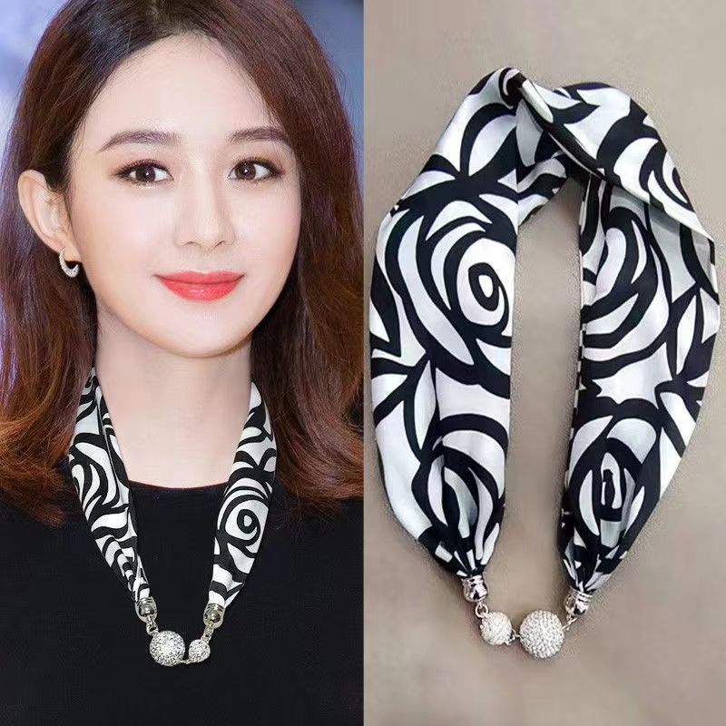 Magnetic clasp Silk scarf Necklace Hair band black and white new pattern Magnetic clasp neck clavicle Strip summer Neck strap