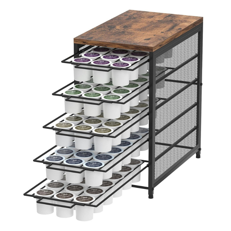 Estación de cápsulas de café de madera almacenamiento de cápsulas K taza estante de almacenamiento con cesta deslizante almacenamiento de oficina