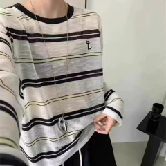 早秋拼色长袖防晒针织衫女宽松圆领小猫图案百搭条纹薄款显瘦上衣