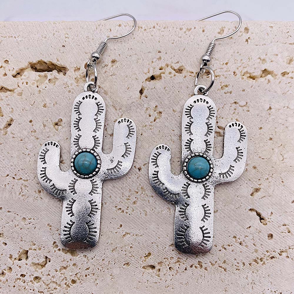 1 Pair Fashion Cactus Metal Inlay Turquoise Women's Drop Earrings display picture 8