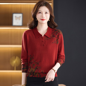 秋冬中年羊毛衫高品質(zhì)羊毛針織衫時尚數(shù)碼印花翻領(lǐng)長袖優(yōu)雅毛衣圖片