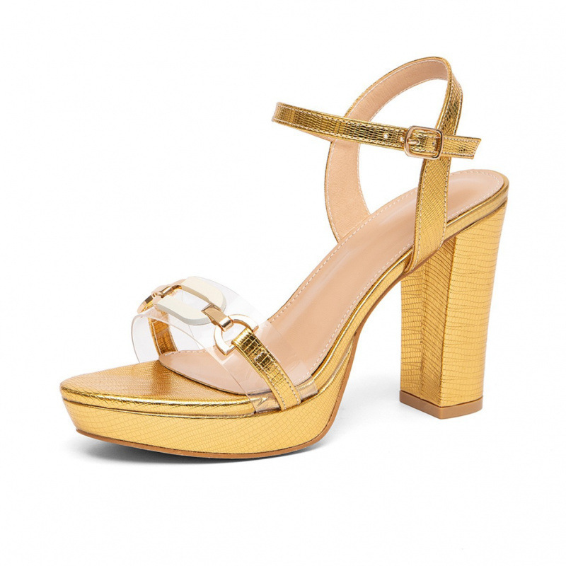 Summer Women's High-Heeled Sandals, Transparent Sandals with Metal Buckles, Waterproof Platform, Chunky Heels, European and American Style Party Shoes for Women Summer Women's High-Heeled Sandals, Transparent Sandals with Metal Buckles, Waterproof Platform, Chunky Heels, European and American Style Party Shoes for Women