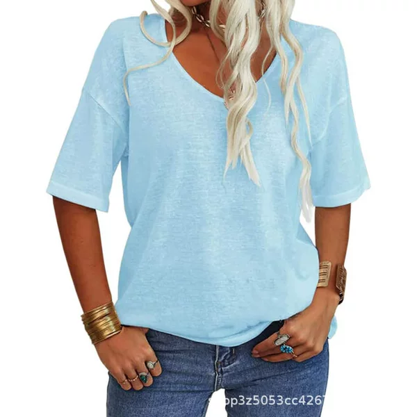 Women's T-Shirt V Neck Half-Sleeved Loose Shirt Casual Pure Color Basic Top