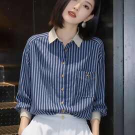 韩系别致高级感翻领条纹长袖衬衫女法式气质通勤百搭洋气减龄上衣