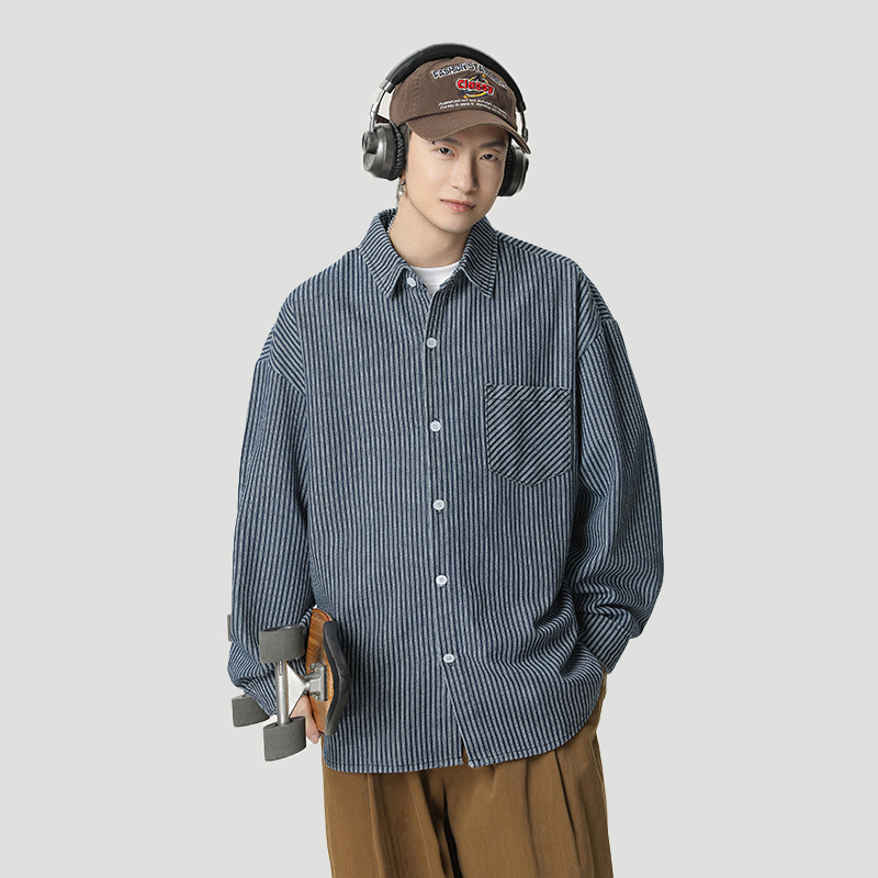 Denim spring design Japanese retro blue shirt