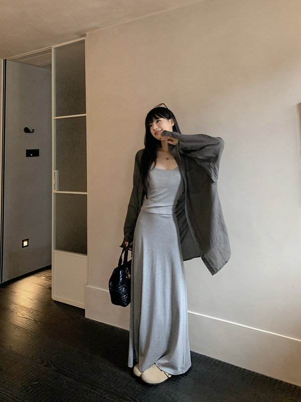 韓国風カジュアルレイジースーツ女性のための夏の2025新しい白トップストライプショールワイドレッグパンツ2点セット|undefined