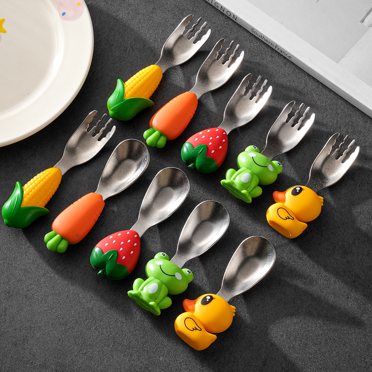 Pure Titanium Spoon and Fork Creative Cartoon Cute Food Supplement Spoon Soft Handle Baby Titanium Eating Spoon Kidsren's Fork and Spoon Set