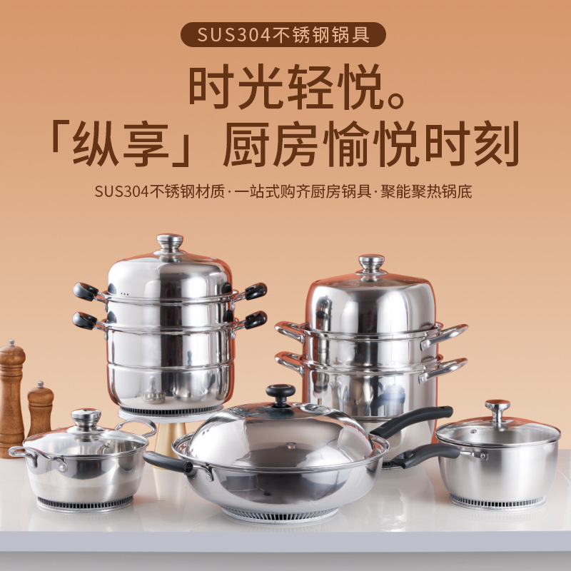 Energy-Saving Finned Wok Food-Grade 304 Stainless Steel Household Multi-Layer Thickeneded Steamer Fast-Heating Efficient Soup Pot Milk Pot