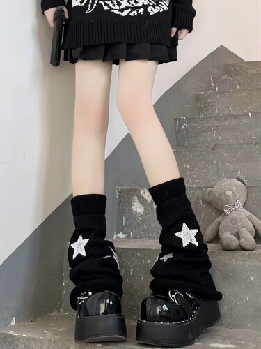 Y2K subculture JK socks for women, black long tube calf socks, knitted sock covers with stars, leg warmers, trendy puffy socks