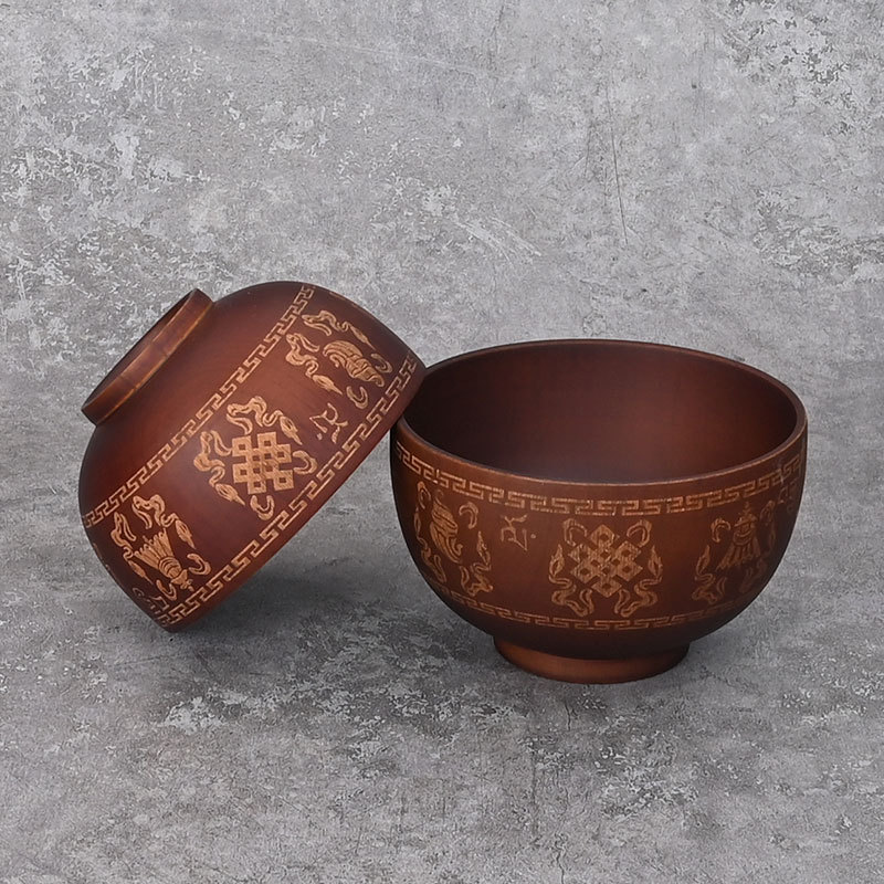 Suministro directo de Fábrica Nacional creativo de dibujos animados de madera tazón de madera anti-escaldado tazón de arroz para niños auspicioso ocho tesoros tazón de madera en stock al por mayor