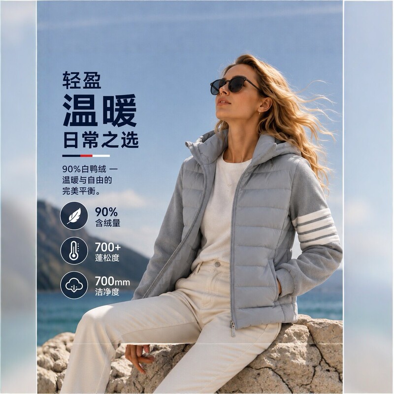 2026 new TB four-stripe patchwork down jacket for women, 90% white duck down, hooded, lightweight, short, and suitable for outdoor wear, providing warmth