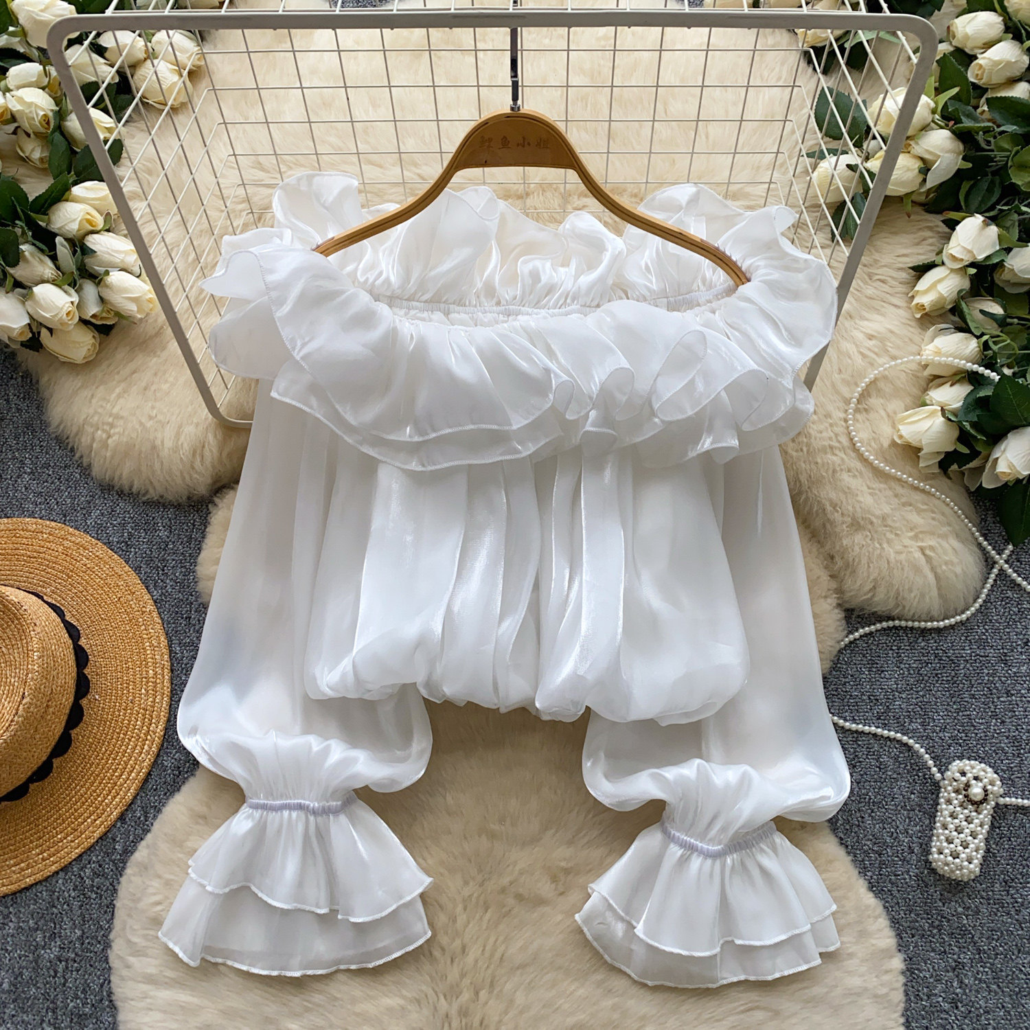 Sweet Off-Shoulder Chiffon Blouse Ruffled Trim Korean Style Long Sleeves Loose Fit Slimming Pink Elegant Top for Summer Women's Clothing_ecoleips.com