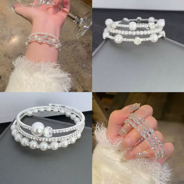 European and American Cross-Border Fashion Versatile Bracelet Ins Popular Female Simple 3-Row Rhinestone Pearl Arm Bracelet