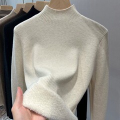 ハーフタートルネックプラスベルベット肥厚冬ボトリングシャツ2025新しいスタイルの女性のソフトでワックスのような西洋スタイルのインナーウェア暖かいワンピースベルベットセーター