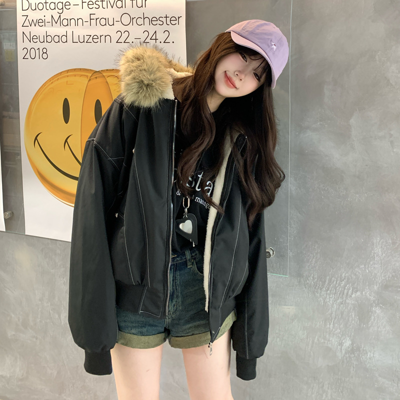 미국식 빈티지 좌산 조각 큰 털넥 면복 여성 겨울파 극복 헐렁하고 두꺼운