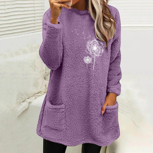 Cross-border factory direct sale 2024 Autumn/Winter European and American women's clothing round neck pullover long sleeve pocket floral double-sided plush sweatshirt
