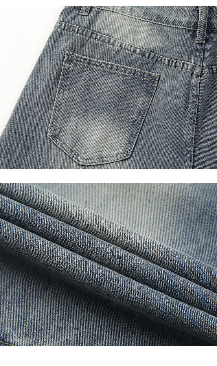 Unisex High-Street Loose Fit Cropped Jeans Lightning Bolt Washed Denim Shorts Blue M-3XL Soft Washed Denim_mkmklike.com