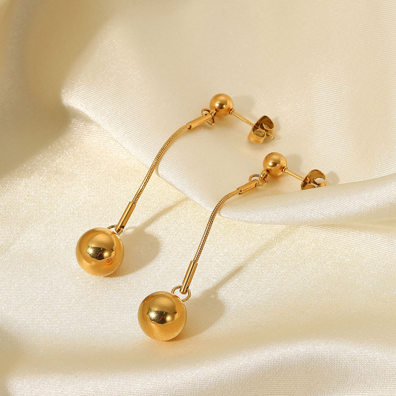 Fashion 18k Gold Long Small Golden Balls Stainless Steel Eardrops Earrings display picture 3