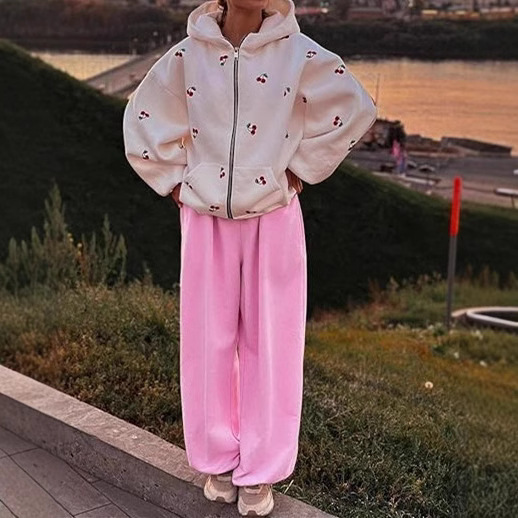 外国貿易チェリープリントスウェットシャツジャケット秋と冬の新しい女性のヨーロッパとアメリカのストリートファッションルーズクロスボーダースポーツパーカー|undefined