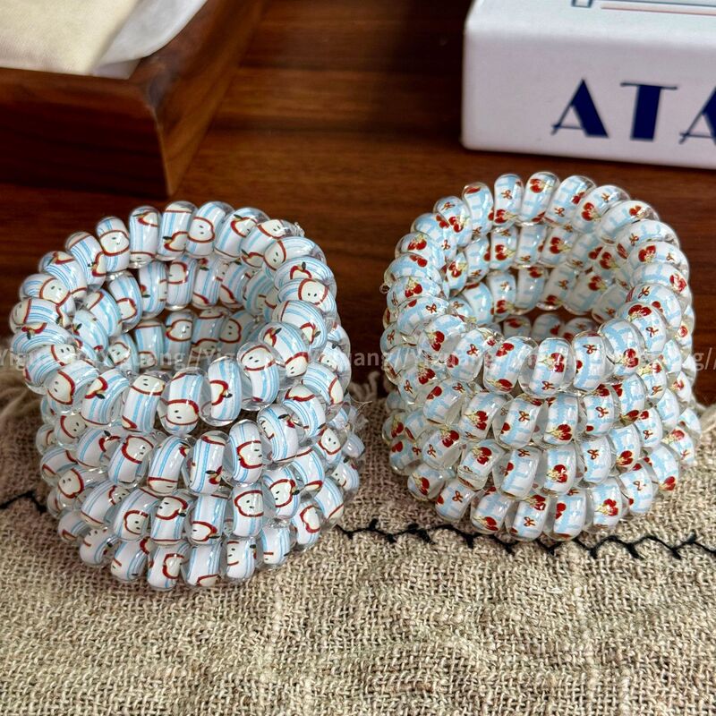 Korean-style cherry and apple print telephone cord hair tie, transparent version, for girls to tie their hair, elastic hair band, in stock Korean-style cherry and apple print telephone cord hair tie, transparent version, for girls to tie their hair, elastic hair band, in stock