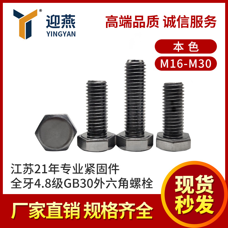 全牙4.8级GB30外六角螺栓 江苏21年专业紧固件 六角头螺丝M16-M24