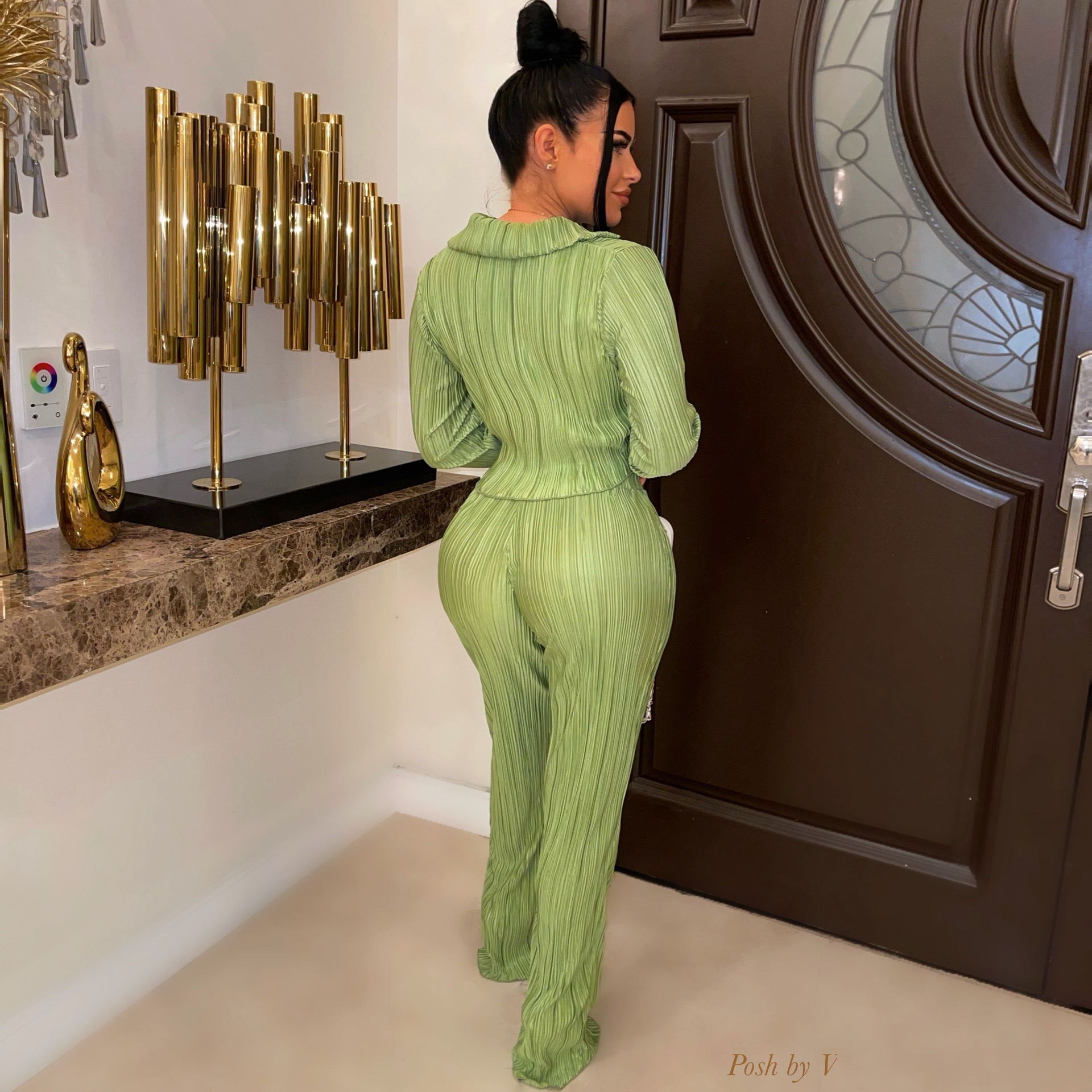 Title 4, Womens Glossy Solid Color Shirt Collar Set, a ...