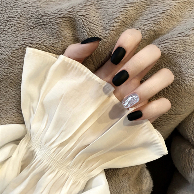 X143 Nail Patch Fake Nail Desirable with Removable Black Frosted Wave Shell Wearable Nail Armor