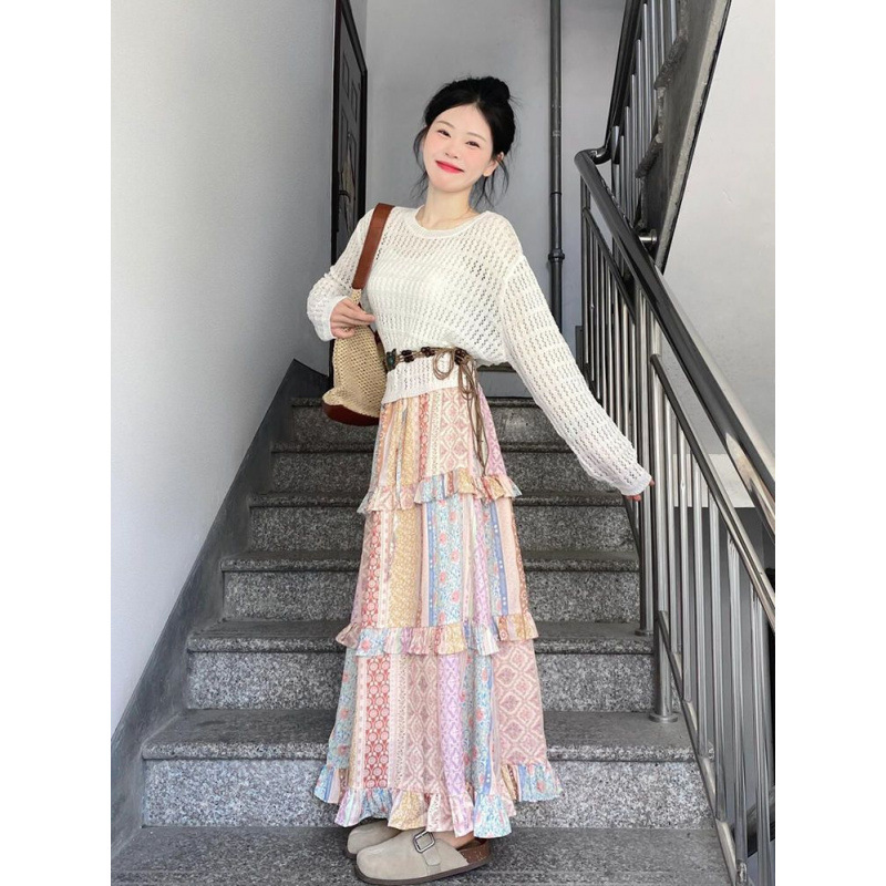 彩色格子拼接半身裙女多巴胺夏季新款波西米亚云南民族风长裙裙子