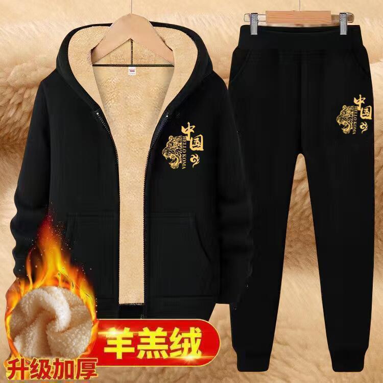 Cross-border two-piece fleece-lined and thickened men's lamb wool sports casual suit winter warm suit men's winter wear