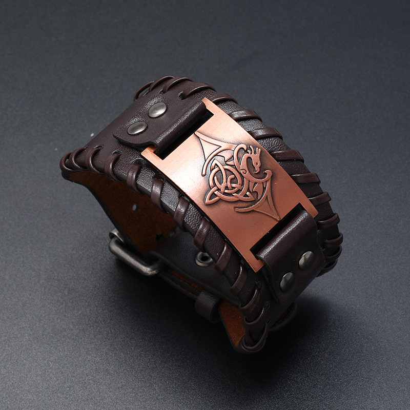 new jewelry simple woven leather bracelet simple Nordic mythology relief wide bracelet