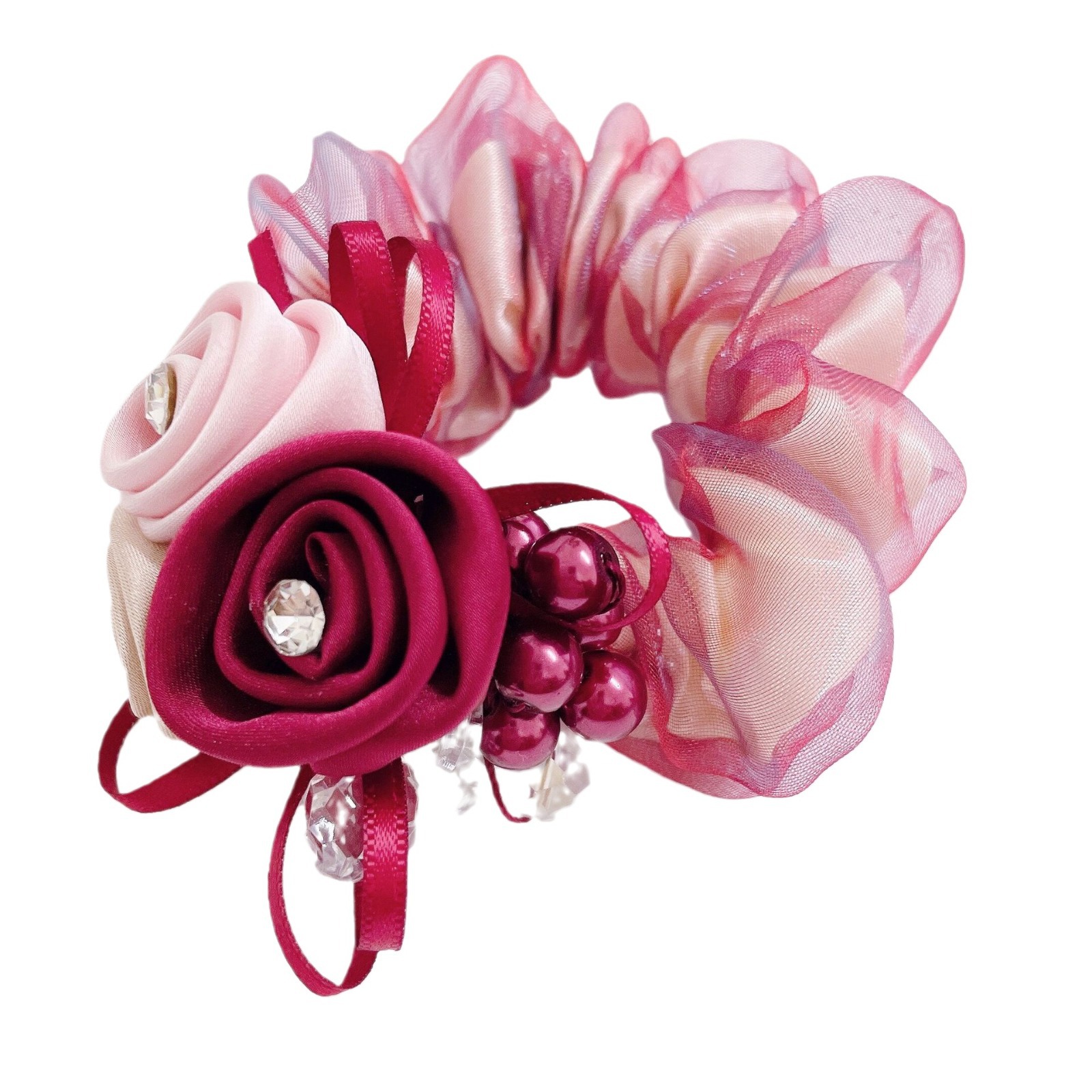 Estilo coreano tocado flor updo anillo de pelo hecho a mano rosa gran intestino cabeza anillo colgante cristal impreso hilo de seda cuerda de pelo accesorios para el cabello